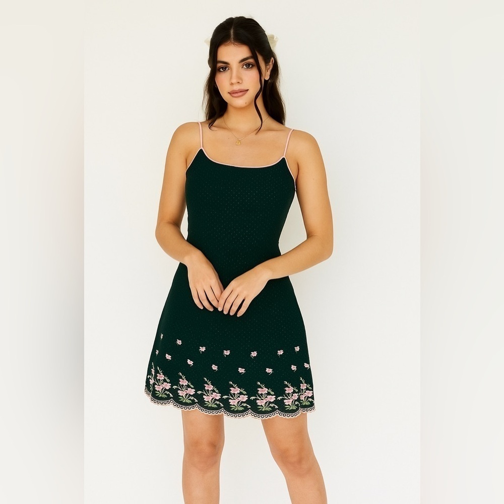 Vintage 90s black polka dot spaghetti strap dress with pink floral embroidery.